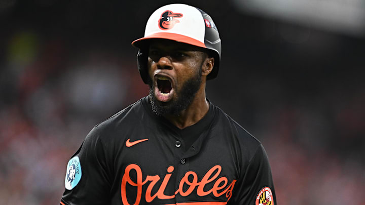 Oct 2, 2024; Baltimore, Maryland, USA; Baltimore Orioles outfielder Cedric Mullins (31) celebrates a solo home run against the Kansas City Royals in the fifth inning in game two of the Wild Card round for the 2024 MLB Playoffs at Oriole Park at Camden Yards. Mandatory Credit: Tommy Gilligan-Imagn Images