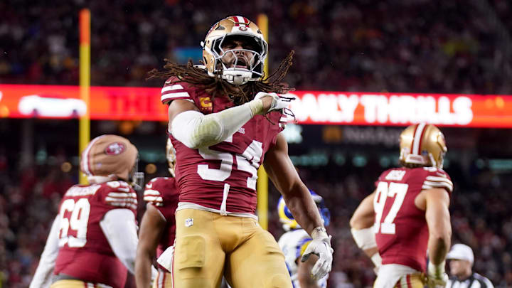 San Francisco 49ers linebacker Fred Warner reacts after making a tackle against the Los Angeles Rams.
