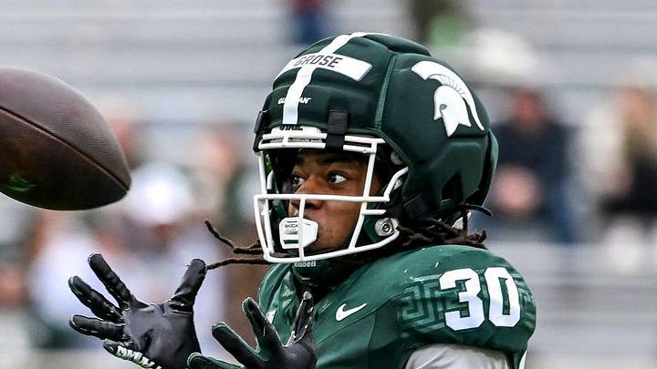Michigan State's Aveon Grose intercepts the ball during the football Spring Showcase on Saturday, April 18, 2026, at Spartan Stadium in East Lansing.