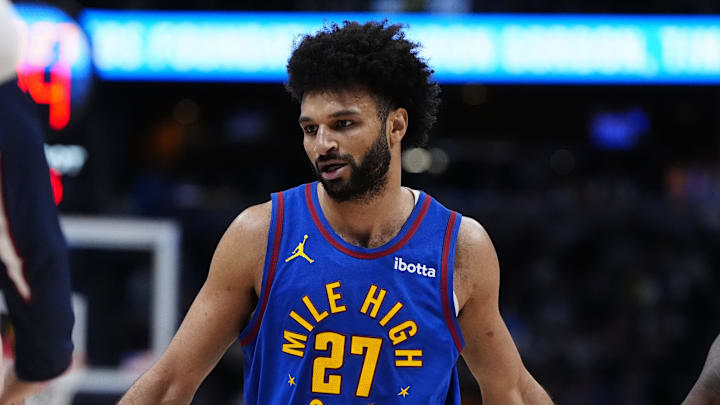 Mar 1, 2026; Denver, Colorado, USA; Denver Nuggets guard Jamal Murray (27) during a time out in the second half against the Minnesota Timberwolves at Ball Arena.