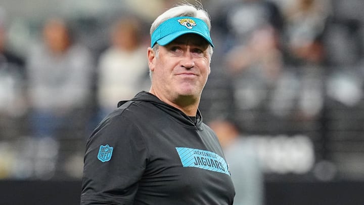 Dec 22, 2024; Paradise, Nevada, USA; Jacksonville Jaguars head coach Doug Pederson walks on the field before the start of a game against the Las Vegas Raiders at Allegiant Stadium. Mandatory Credit: Stephen R. Sylvanie-Imagn Images