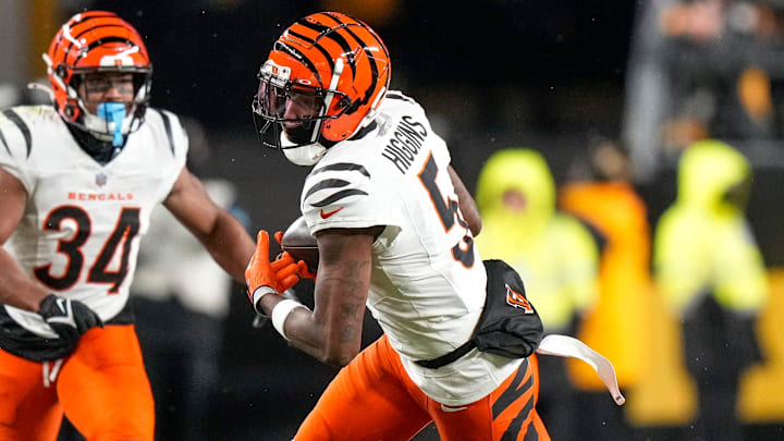 Cincinnati Bengals wide receiver Tee Higgins (5) catches a pass in the first quarter of the NFL Week 18 game between the Pittsburgh Steelers and the Cincinnati Bengals at Acrisure Stadium in Pittsburgh on Saturday, Jan. 4, 2025. Cincinnati Bengals wide receiver Tee Higgins (5) catches a pass in the first quarter of the NFL Week 18 game between the Pittsburgh Steelers and the Cincinnati Bengals at Acrisure Stadium in Pittsburgh on Saturday, Jan. 4, 2025.