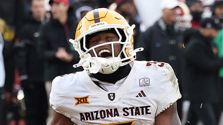 Nov 1, 2025; Ames, Iowa, USA; Arizona State Sun Devils running back Raleek Brown (3) celebrates during their game with the Iowa State Cyclones at Jack Trice Stadium. Mandatory Credit: Reese Strickland-Imagn Images Nov 1, 2025; Ames, Iowa, USA; Arizona State Sun Devils running back Raleek Brown (3) celebrates during their game with the Iowa State Cyclones at Jack Trice Stadium. Mandatory Credit: Reese Strickland-Imagn Images