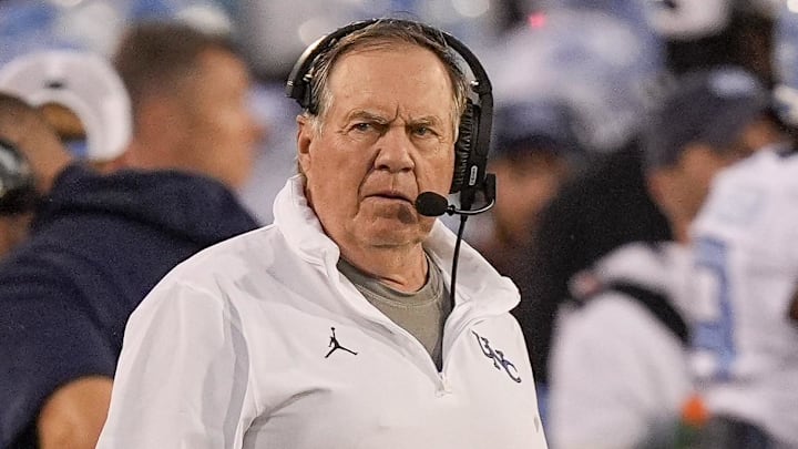 Sep 6, 2025; Charlotte, North Carolina, USA; North Carolina Tar Heels head coach Bill Belichick during the first half against the Charlotte 49ers at Jerry Richardson Stadium. 