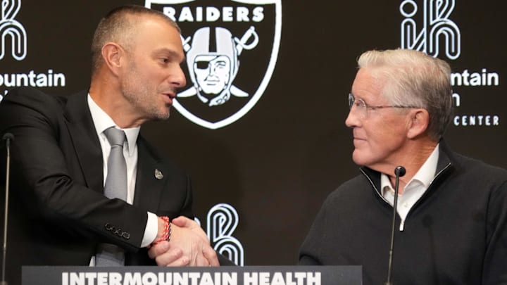 Jan 27, 2025; Las Vegas, NV, USA; Las Vegas Raiders general manager John Spytek (left) and coach Pete Carroll at press conference at Intermountain Health Performance Center. Mandatory Credit: Kirby Lee-Imagn Images
