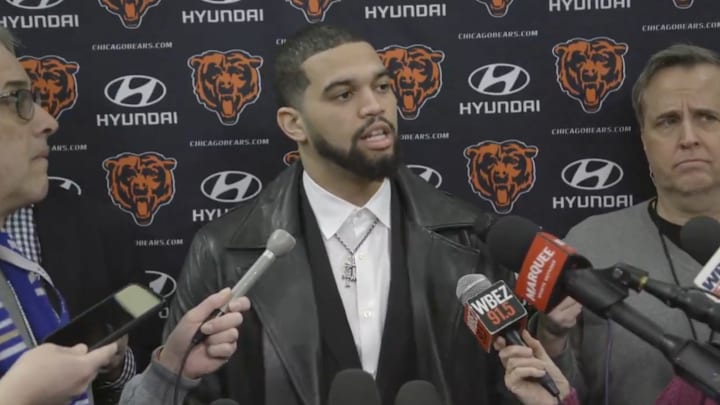 Chicago Bears quarterback Caleb Williams speaks with reporters.