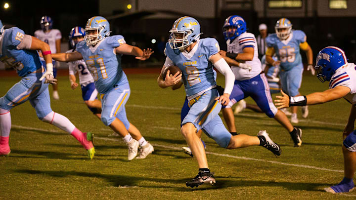 Chiefland Indians Matt Goodale (2) breaks for the end zone in the first half but comes up just short of the touchdown. The Keystone Heights Indians hosted the Chiefland Indians at Keystone Heights High School in Keystone Heights, FL on Friday, October 18, 2024. Chiefland lead 41-0 at the half. [Doug Engle/Ocala Star Banner]