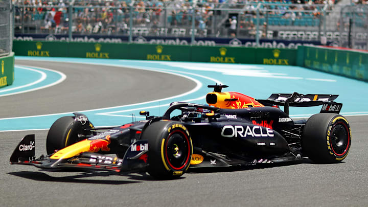 May 4, 2024; Miami Gardens, Florida, USA; Red Bull Racing driver Max Verstappen (1) goes into turn 2 during the F1 Sprint Race at Miami International Autodrome. Mandatory Credit: Peter Casey-Imagn Images May 4, 2024; Miami Gardens, Florida, USA; Red Bull Racing driver Max Verstappen (1) goes into turn 2 during the F1 Sprint Race at Miami International Autodrome. Mandatory Credit: Peter Casey-Imagn Images