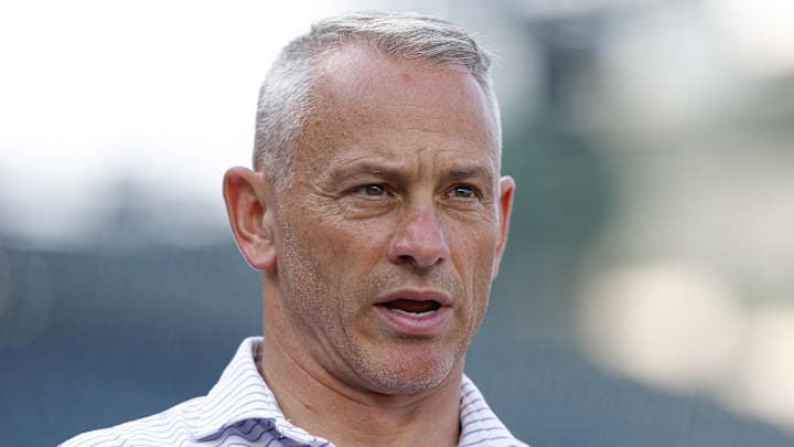 Jul 3, 2025; Chicago, Illinois, USA; Chicago Cubs president of baseball operations Jed Hoyer speaks before a baseball game between the Chicago Cubs and Cleveland Guardians at Wrigley Field.