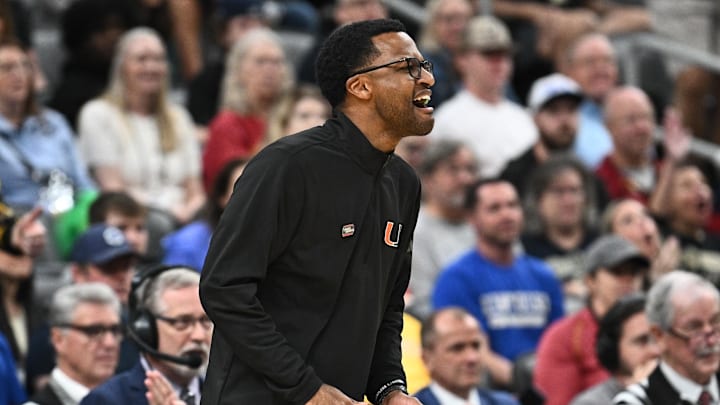 Mar 22, 2026; St. Louis, MO, USA; Miami Hurricanes head coach Jai Lucas calls a play during the second half against the Purdue Boilermakers during a second round game of the men's 2026 NCAA Tournament at Enterprise Center. Mandatory Credit: Jeff Le-Imagn Images