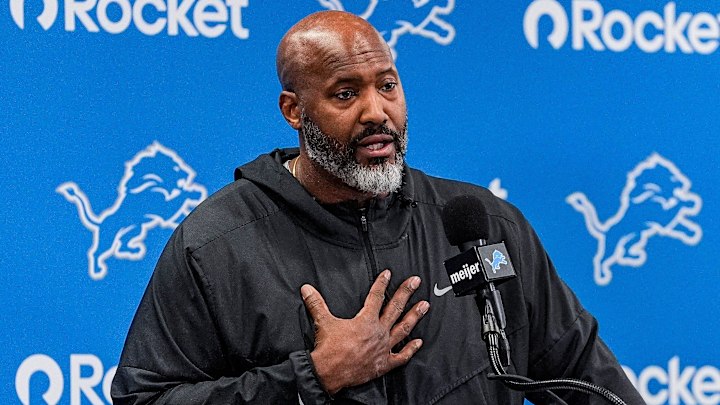 Detroit Lions executive vice president and general manager Brad Holmes speaks during media availability at Meijer Performance Center in Allen Park on Thursday, Jan. 8, 2026.