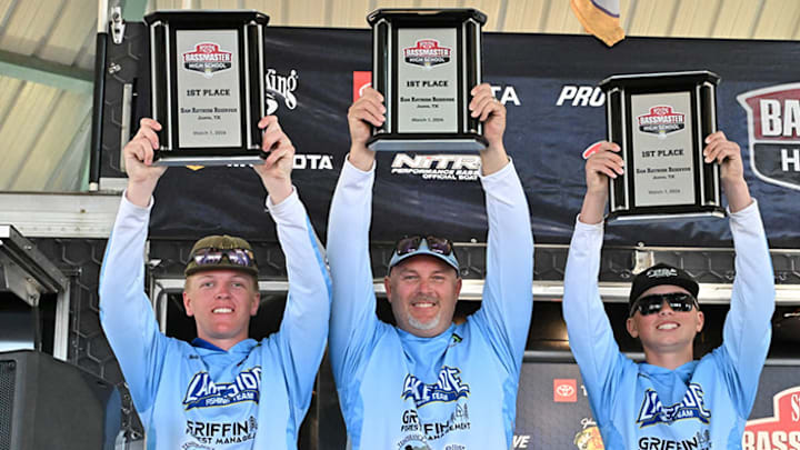 Grayson Goss, far right, and Wally Wolcott, left, of the Lakeside Rams Bass Club won the 2026 Strike King Bassmaster High School Series at Sam Rayburn Reservoir in Jasper, Texas, with a total of 27 pounds, 5 ounces. 