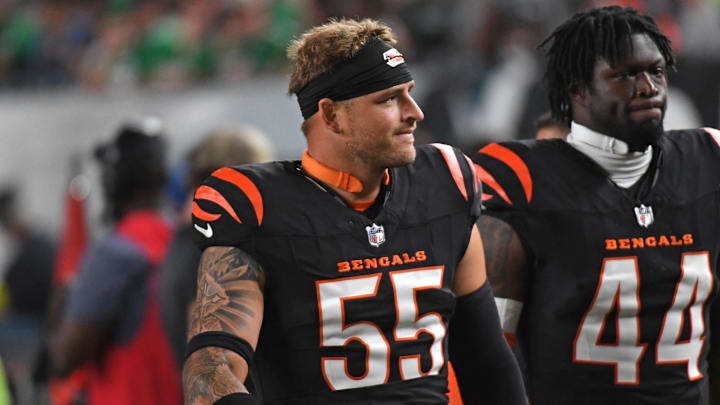 Cincinnati Bengals linebackers Logan Wilson and Demetrius Knight Jr. walk off the field against the Philadelphia Eagles at Lincoln Financial Field. 