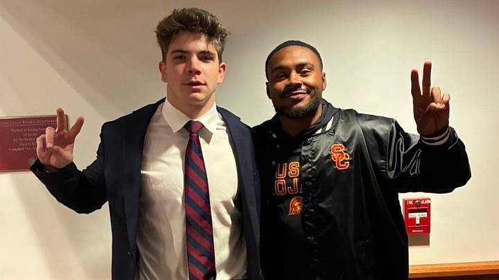 Avon Old Farms (Conn.) 2027 linebacker Dylan Wafle and USC Trojans outside linebackers coach AJ Howard Avon Old Farms (Conn.) 2027 linebacker Dylan Wafle and USC Trojans outside linebackers coach AJ Howard
