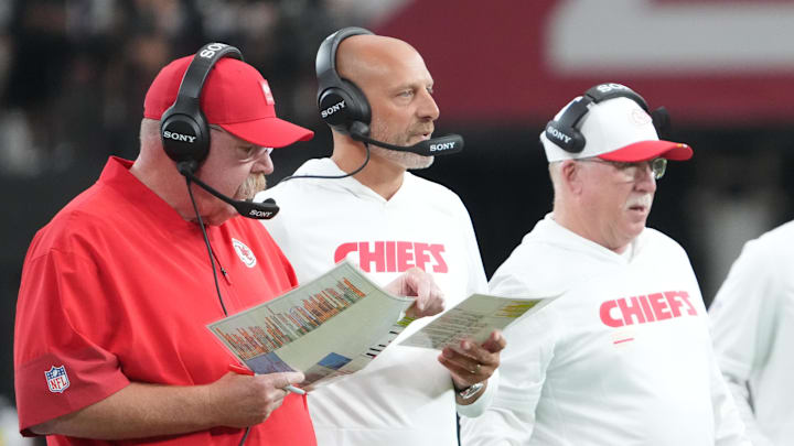 Aug 9, 2025; Glendale, Arizona, USA; Kansas City Chiefs head coach Andy Reid and staff look on against the Arizona Cardinals during the first half at State Farm Stadium. Mandatory Credit: Joe Camporeale-Imagn Images