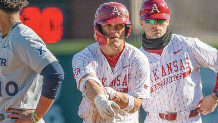 Arkansas Razorbacks Camden Kozeal on first base against Xavier at Baum-Walker Stadium in Fayetteville, Ark.