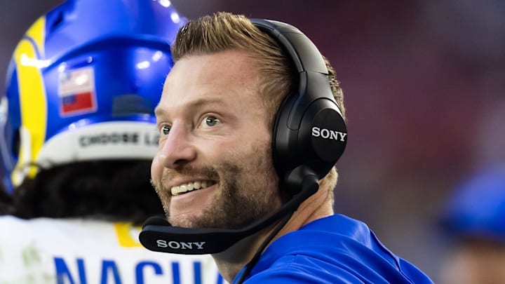Dec 7, 2025; Glendale, Arizona, USA; Los Angeles Rams head coach Sean McVay against the Arizona Cardinals at State Farm Stadium. Mandatory Credit: Mark J. Rebilas-Imagn Images