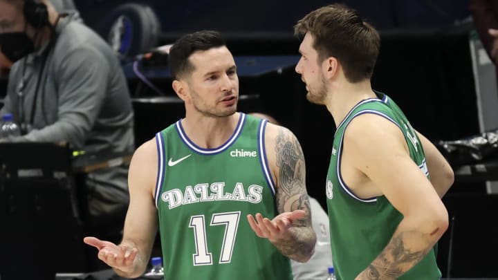 Apr 16, 2021; Dallas, Texas, USA; Dallas Mavericks guard JJ Redick (17) speaks with guard Luka Doncic (77) during the second quarter against the New York Knicks at American Airlines Center. Mandatory Credit: Kevin Jairaj-USA TODAY Sports Apr 16, 2021; Dallas, Texas, USA; Dallas Mavericks guard JJ Redick (17) speaks with guard Luka Doncic (77) during the second quarter against the New York Knicks at American Airlines Center. Mandatory Credit: Kevin Jairaj-USA TODAY Sports