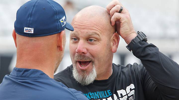 Dec 8, 2019; Jacksonville, FL, USA; Jacksonville Jaguars defensive coordinator Todd Wash (right) talks with Los Angeles Chargers defensive coordinator Gus Bradley before the game at TIAA Bank Field. Mandatory Credit: Reinhold Matay-USA TODAY Sports