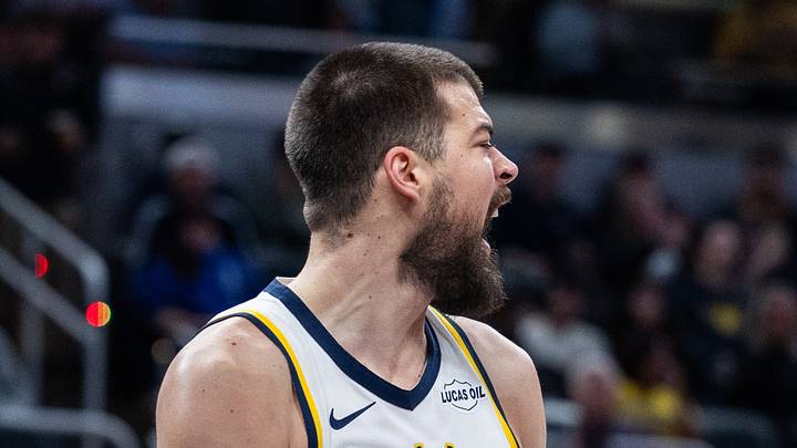 Mar 18, 2026; Indianapolis, Indiana, USA; Indiana Pacers center Ivica Zubac (40) reacts to a basket in the first half against the Portland Trail Blazers at Gainbridge Fieldhouse. Mandatory Credit: Trevor Ruszkowski-Imagn Images