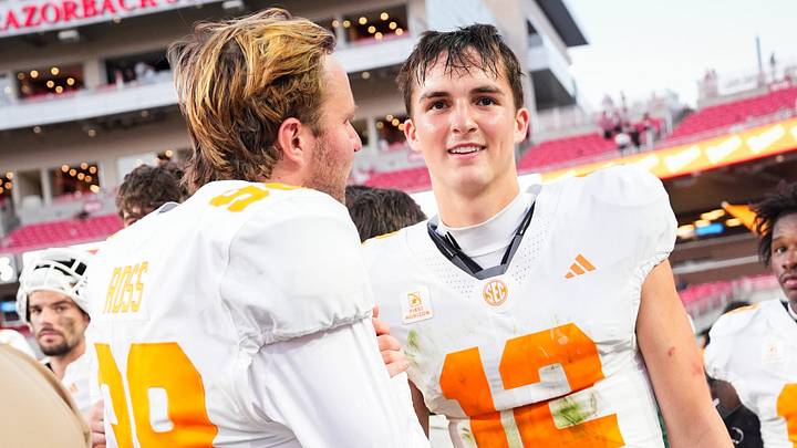 Tennessee quarterback George MacIntyre (12) after a college football game between Tennessee and Arkansas at Donald W. Reynolds Razorback Stadium in Fayetteville, Ark., on Oct. 10, 2026.