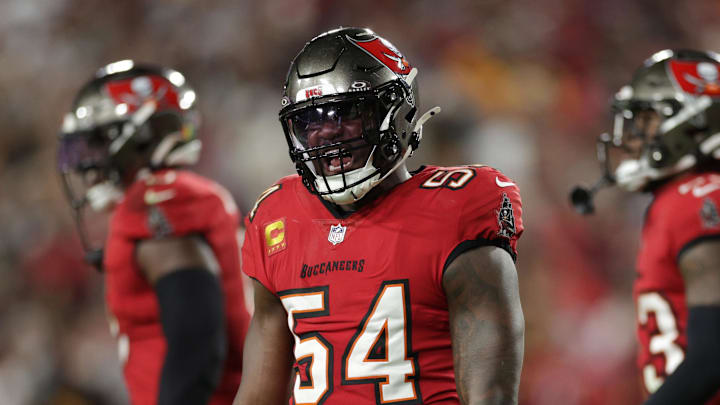 Tampa Bay Buccaneers linebacker Lavonte David celebrates after a stop during the fourth quarter of a NFC wild card playoff against the Washington Commanders.