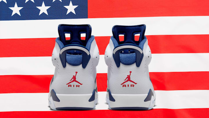 The Air Jordan 6 in the "Olympics" colorway. The Air Jordan 6 in the "Olympics" colorway.