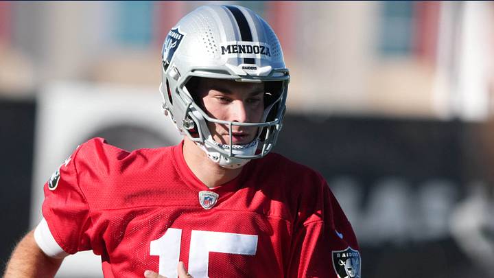 Jun 9, 2026; Henderson, NV, USA; Las Vegas Raiders quarterback Fernando Mendoza (15) runs during minicamp at Intermountain Health Performance Center. Mandatory Credit: Kirby Lee-Imagn Images Jun 9, 2026; Henderson, NV, USA; Las Vegas Raiders quarterback Fernando Mendoza (15) runs during minicamp at Intermountain Health Performance Center. Mandatory Credit: Kirby Lee-Imagn Images