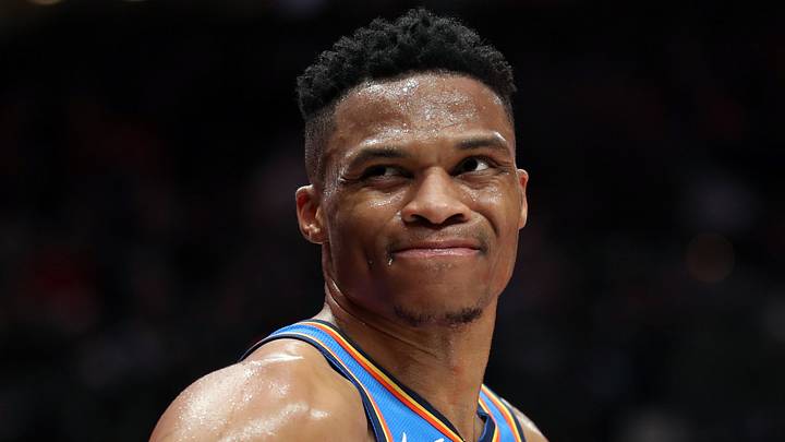 Mar 7, 2019; Portland, OR, USA; Oklahoma City Thunder guard Russell Westbrook (0) reacts to a Portland Trail Blazers' in the second half at Moda Center. Mandatory Credit: Jaime Valdez-USA TODAY Sports Mar 7, 2019; Portland, OR, USA; Oklahoma City Thunder guard Russell Westbrook (0) reacts to a Portland Trail Blazers' in the second half at Moda Center. Mandatory Credit: Jaime Valdez-USA TODAY Sports