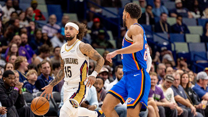 Nov 17, 2025; New Orleans, Louisiana, USA; New Orleans Pelicans guard Jose Alvarado (15) brings the ball up court against the Oklahoma City Thunder during the second half at Smoothie King Center. Mandatory Credit: Stephen Lew-Imagn Images Nov 17, 2025; New Orleans, Louisiana, USA; New Orleans Pelicans guard Jose Alvarado (15) brings the ball up court against the Oklahoma City Thunder during the second half at Smoothie King Center. Mandatory Credit: Stephen Lew-Imagn Images