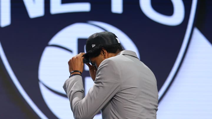 Jun 22, 2017; Brooklyn, NY, USA; Jarrett Allen (Texas) is introduced as the number twenty-two overall pick to the Brooklyn Nets in the first round of the 2017 NBA Draft at Barclays Center. Mandatory Credit: Brad Penner-Imagn Images Jun 22, 2017; Brooklyn, NY, USA; Jarrett Allen (Texas) is introduced as the number twenty-two overall pick to the Brooklyn Nets in the first round of the 2017 NBA Draft at Barclays Center. Mandatory Credit: Brad Penner-Imagn Images