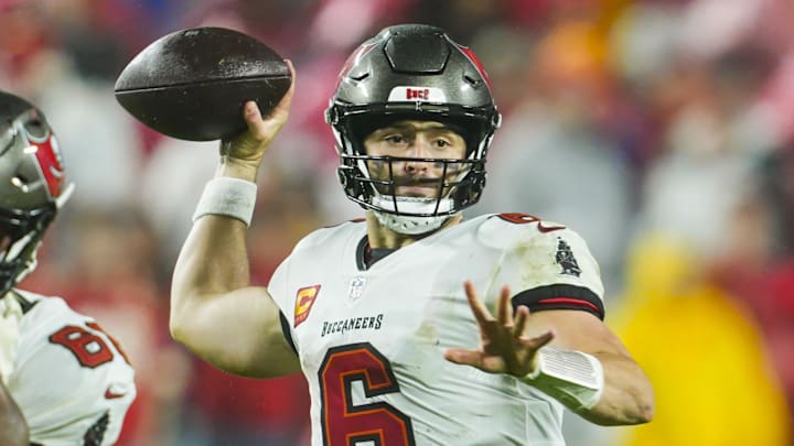 Nov 4, 2024; Kansas City, Missouri, USA; Tampa Bay Buccaneers quarterback Baker Mayfield (6) throws a pass during the second half against the Kansas City Chiefs at GEHA Field at Arrowhead Stadium. Mandatory Credit: Jay Biggerstaff-Imagn Images