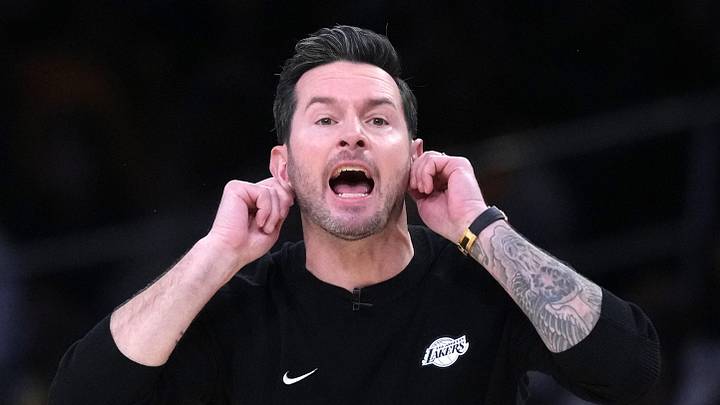 Apr 18, 2026; Los Angeles, California, USA; Los Angeles Lakers head coach JJ Redick reacts in the first half against the Houston Rockets during game one of the first round of the 2026 NBA Playoffs at Crypto.com Arena. Mandatory Credit: Kirby Lee-Imagn Images