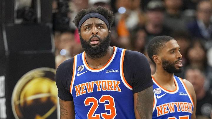 Jun 5, 2026; San Antonio, Texas, USA; New York Knicks center Mitchell Robinson (23) and guard Mikal Bridges (25) look on in the second quarter during game two of the 2026 NBA Finals at Frost Bank Center. Mandatory Credit: Scott Wachter-Imagn Images