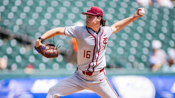 May 24, 2024; Charlotte, NC, USA; Florida State Seminoles pitcher Jamie Arnold (16) in the third inning against the Virginia Cavaliers during the ACC Baseball Tournament at Truist Field. Mandatory Credit: Scott Kinser-Imagn Images