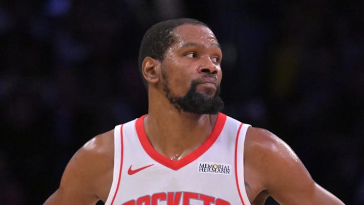 Apr 21, 2026; Los Angeles, California, USA; Houston Rockets forward Kevin Durant (7) looks on from the court in the second half of game two of the first round of the 2026 NBA Playoffs against the Los Angeles Lakers at Crypto.com Arena. Mandatory Credit: Jayne Kamin-Oncea-Imagn Images