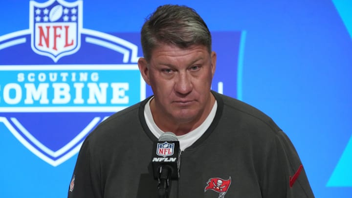 Feb 27, 2024; Indianapolis, IN, USA;Tampa Bay Buccaneers general manager Jason Licht speaks during a press conference during the NFL Scouting Combine at Indiana Convention Center. Mandatory Credit: Kirby Lee-Imagn Images
