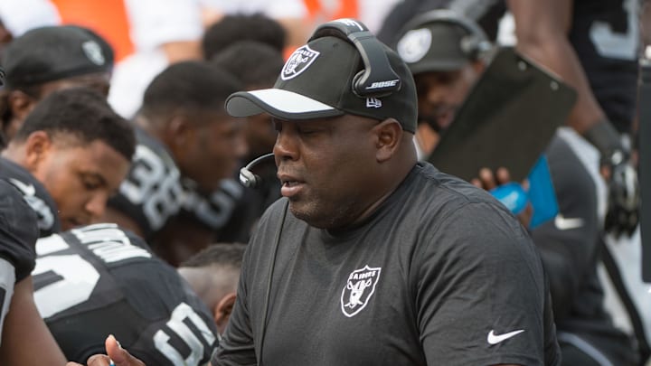 September 13, 2015; Oakland, CA, USA; Oakland Raiders defensive line coach Jethro Franklin instructs during the second quarter against the Cincinnati Bengals at O.co Coliseum. The Bengals defeated the Raiders 33-13. Mandatory Credit: Kyle Terada-Imagn Images