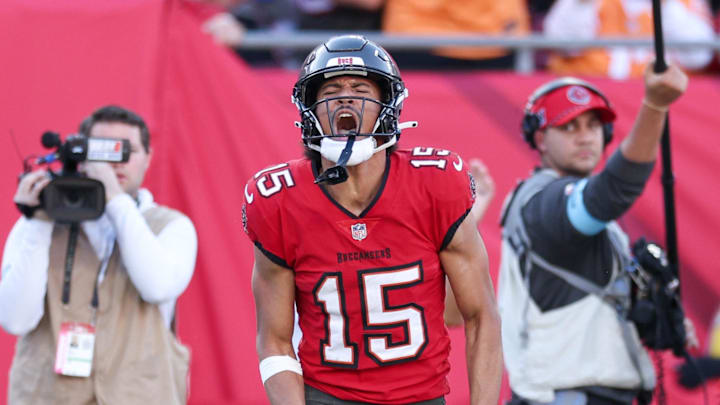 Tampa Bay Buccaneers wide receiver Jalen McMillan celebrates after scoring a touchdown against the New Orleans Saints.