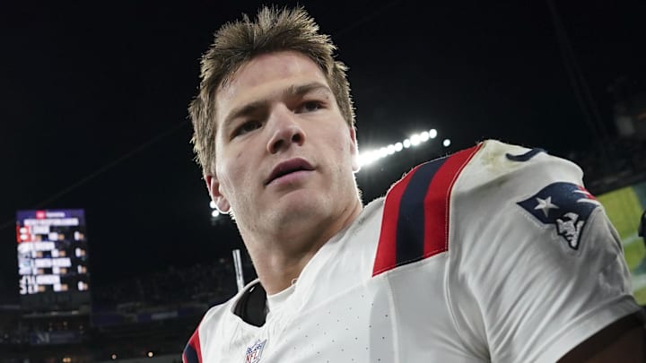 Dec 21, 2025; Baltimore, Maryland, USA;  New England Patriots quarterback Drake Maye (10) walks off the field after defeating the Baltimore Ravens at M&T Bank Stadium. Mandatory Credit: James Lang-Imagn Images