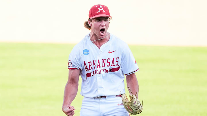 Arkansas' Gabe Gaeckle (20) celebrates after the final out of game one of the NCAA baseball tournament Fayetteville Super Regional between Tennessee and Arkansas held at Baum-Walker Stadium on Saturday, June 7, 2025.