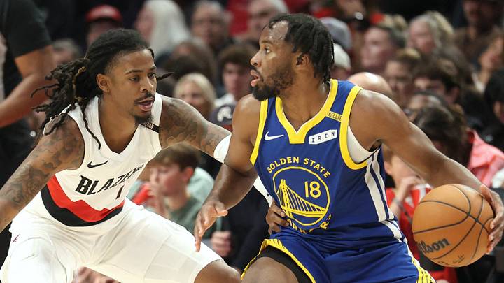 Oct 7, 2026: Portland Trail Blazers guard Ja Morant defends Golden State Warriors guard Lj Cryer during the first half at Moda Center.  Mandatory Credit: Jaime Valdez