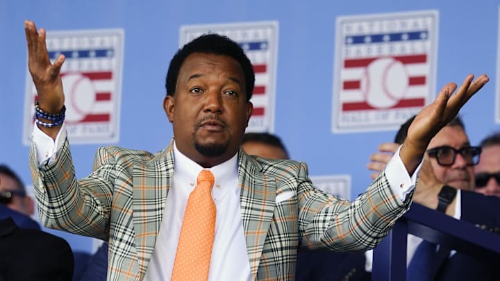 Jul 24, 2022; Cooperstown, New York, USA; Hall of Famer Pedro Martinez reacts during the Baseball Hall of Fame Induction Ceremony at Clark Sports Center. Mandatory Credit: Gregory Fisher-Imagn Images