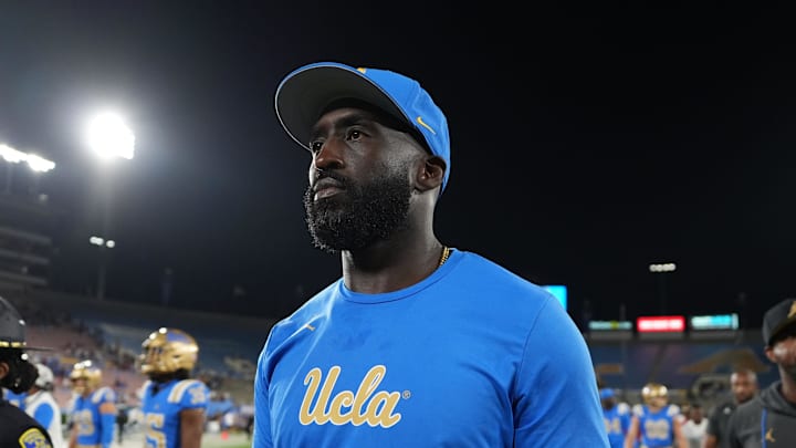 Sep 14, 2024; Pasadena, California, USA; UCLA Bruins head coach DeShaun Foster reacts after the game against the Indiana Hoosiers at Rose Bowl. Mandatory Credit: Kirby Lee-Imagn Images