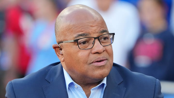 Jun 24, 2024; Eugene, OR, USA; NBC Sports broadcaster Mike Tirico during the US Olympic Team Trials at Hayward Field. Mandatory Credit: Kirby Lee-Imagn Images Jun 24, 2024; Eugene, OR, USA; NBC Sports broadcaster Mike Tirico during the US Olympic Team Trials at Hayward Field. Mandatory Credit: Kirby Lee-Imagn Images