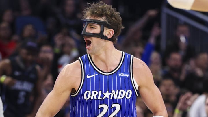 Dec 5, 2025; Orlando, Florida, USA; Orlando Magic forward Franz Wagner (22) reacts after a basket against the Miami Heat in the third quarter at Kia Center. Mandatory Credit: Nathan Ray Seebeck-Imagn Images