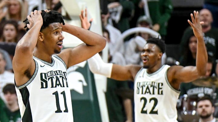 From left, Michigan State's Jaden Akins, A.J. Hoggard and Mady Sissoko react after Sissoko is called for a foul against Ohio State during the second half on Sunday, Feb. 25, 2024, at the Breslin Center in East Lansing. From left, Michigan State's Jaden Akins, A.J. Hoggard and Mady Sissoko react after Sissoko is called for a foul against Ohio State during the second half on Sunday, Feb. 25, 2024, at the Breslin Center in East Lansing.