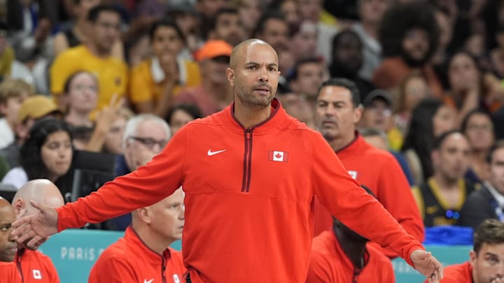 Jul 30, 2024; Villeneuve-d'Ascq, France; Canada coach Jordi Fernandez reacts against Australia in a men's group stage basketball match during the Paris 2024 Olympic Summer Games at Stade Pierre-Mauroy. Mandatory Credit: John David Mercer-USA TODAY Sports