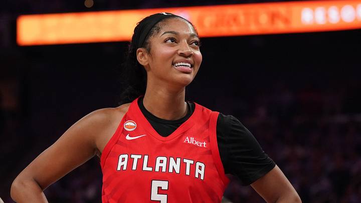 Oct 19, 2026; San Francisco, California, USA;  Atlanta Dream forward Angel Reese (5) smiles during a break in the action against the Golden State Valkyries in the third quarter of game two of the 2026 WNBA Finals at Chase Center.  Mandatory Credit: David Gonzales-Imagn Images