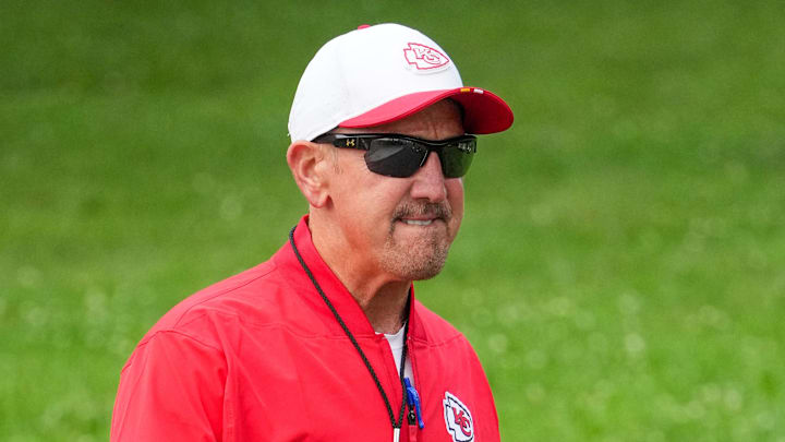 Jul 22, 2025; St. Joseph, MO, USA; Kansas City Chiefs defensive coordinator Steve Spagnuolo walks down the hill to the practice fields during training camp at Missouri Western State University. Mandatory Credit: Denny Medley-Imagn Images